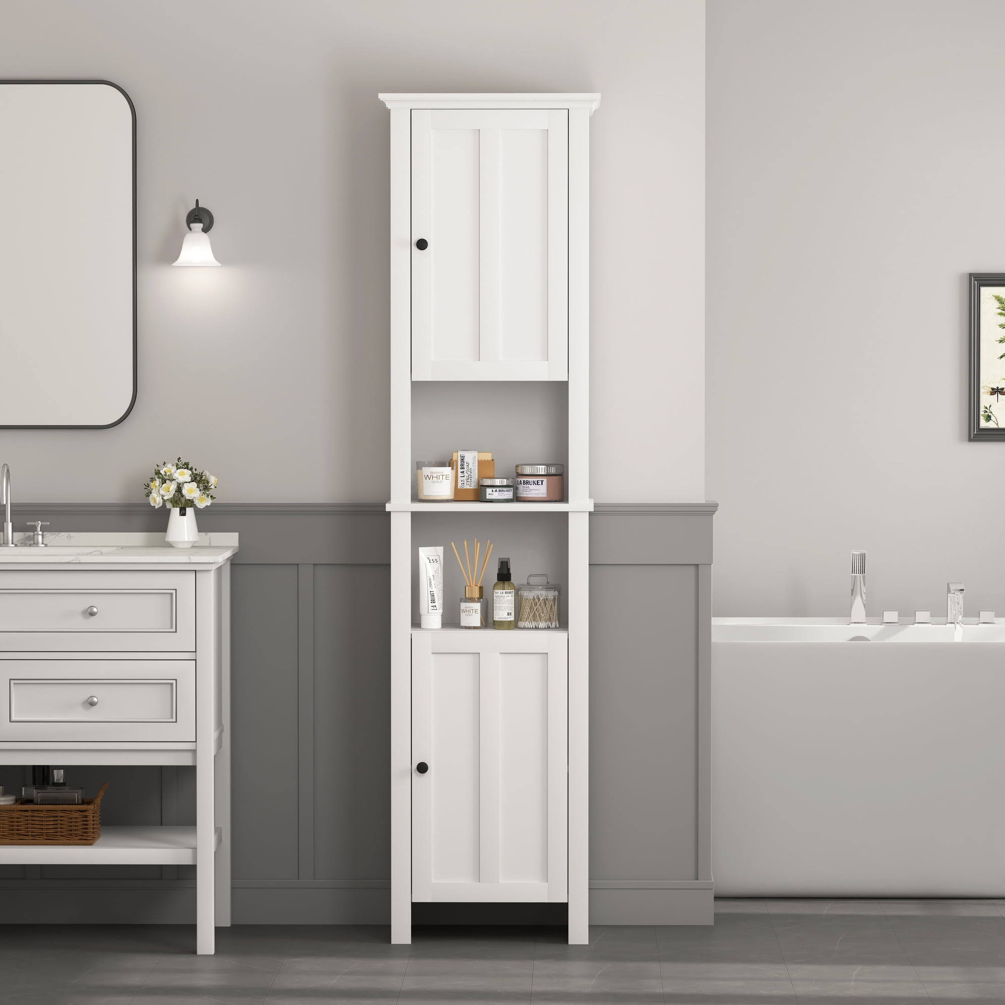 Noble House 66.93" Bathroom Floor Storage Cabinet with Adjustable Shelves, White