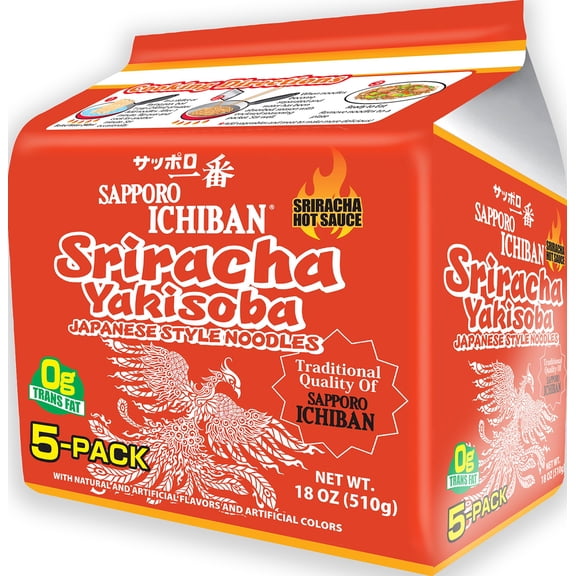 Sapporo Ichiban Sriracha Flavor Yakisoba Noodles 5P, 18 Oz