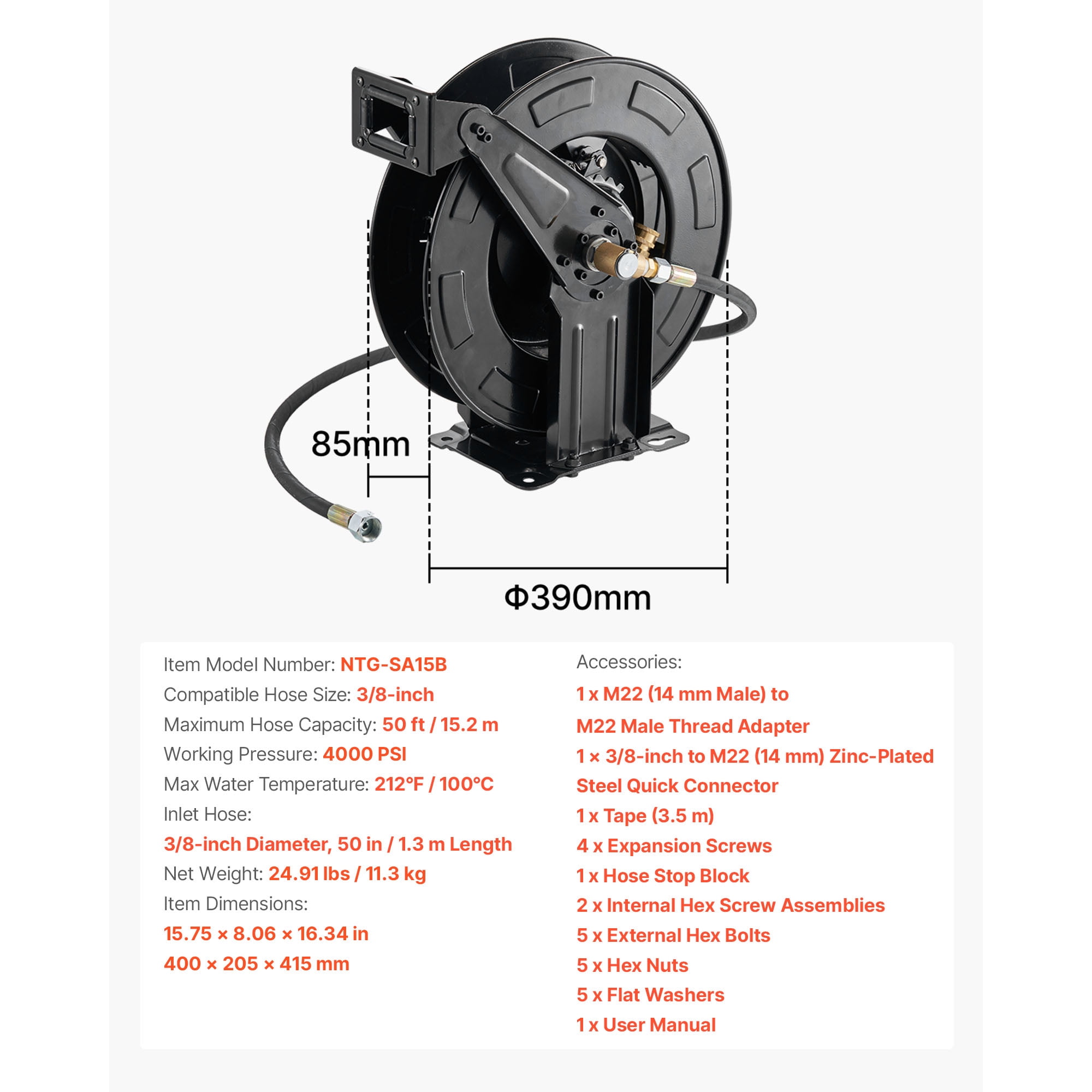 KFFKFF Retractable Pressure Washer Hose Reel, 50 ft x 3/8 inch, Heavy-Duty Steel, 4000 PSI Max, Auto-Rewind, Wall/Floor Mount for Car Wash, Garden, and Floor Cleaning
