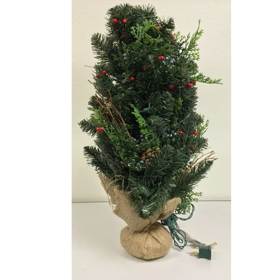 Pre-lit 2 Foot Artificial Mixed Pine and Cedar Christmas Tree with Berries Base