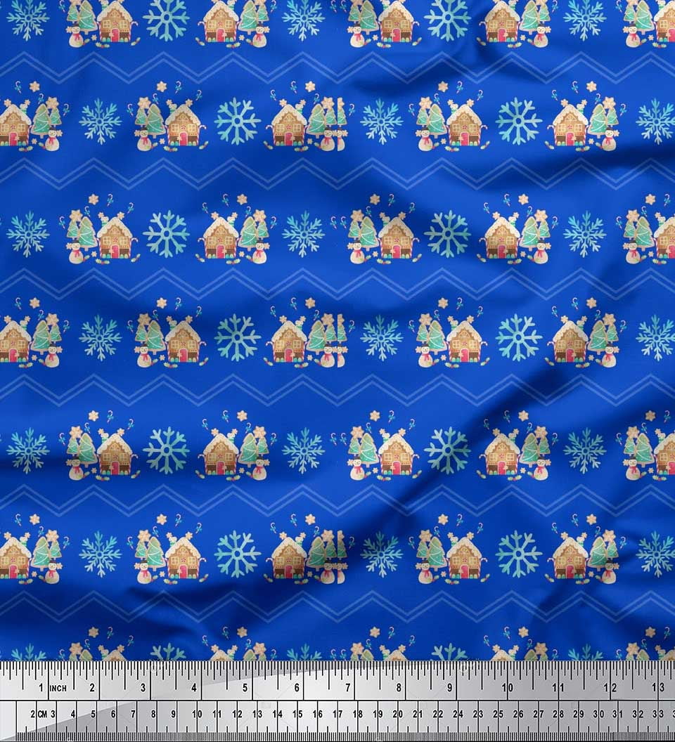 Soimoi Blue Poly Georgette Fabric Snowman & Snowflake Christmas Print Fabric by the Yard 42 Inch Wide