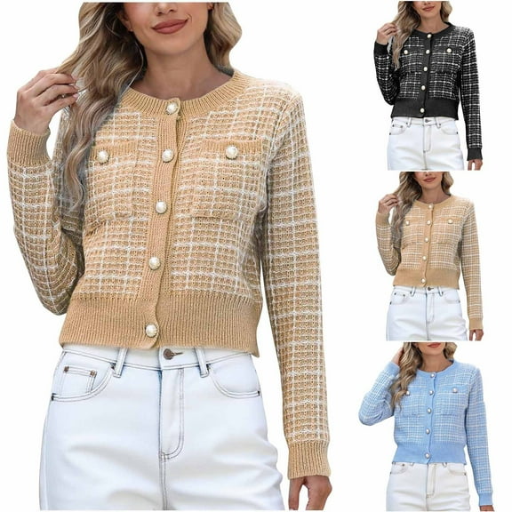Ashirexll Womens Winter Coats, Jackets for Women Trendy, Fashion Checkered Printed Pearl Button Pocket Casual Knitted Sweater
