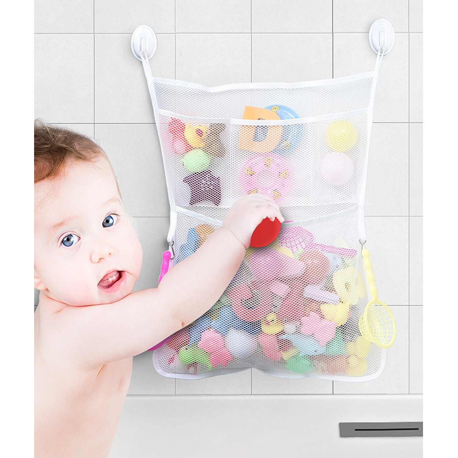 Bathtub Toy Holder with 4 Suction Cup Hooks Baby Bath Net for Tub Toys Mesh Bath Toy Holders for The Tub Bath Toy Organizer for Tub Extra Durable Washable and Quick Dry Bath Toy Storage Hanging
