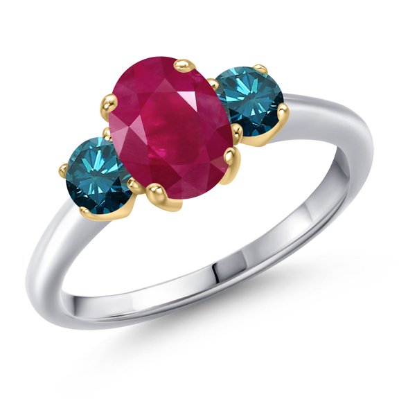 Gem Stone King 10K Two Tone Gold Red Ruby and Blue Diamond Engagement Ring for Women | 2.14 Cttw | Oval 8X6MM | Gemstone July Birthstone | Size 9