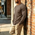 thumbnail image 2 of Domuza Mens Long Sleeve Shirt with Pocket Crew Neck Shirts Casual Solid Lightweight Basic T-Shirt Khaki L, 2 of 8