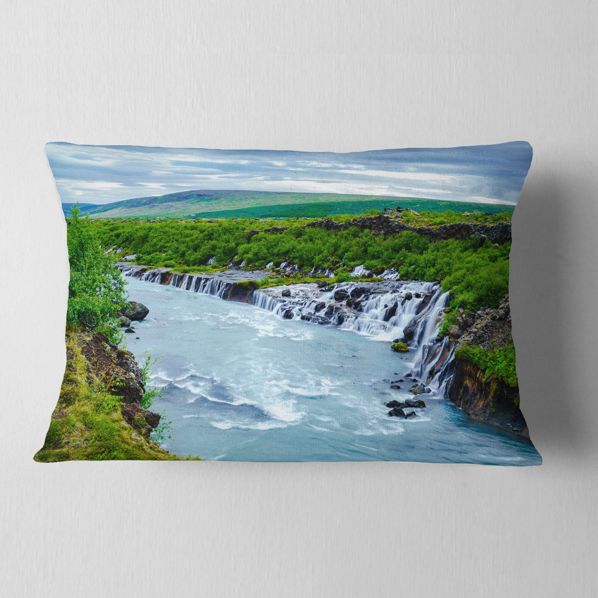 Designart Hraunfossar Waterfall Iceland - Modern Landscape Printed Throw Pillow - 12x20