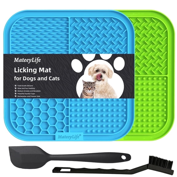 MateeyLife 2PCS Lick Mat with Suction Cups for Dogs and Cats, 7.9'' × 7.9'' Food Grade Silicone Licking Mat with Spatula and brush, Blue&Green