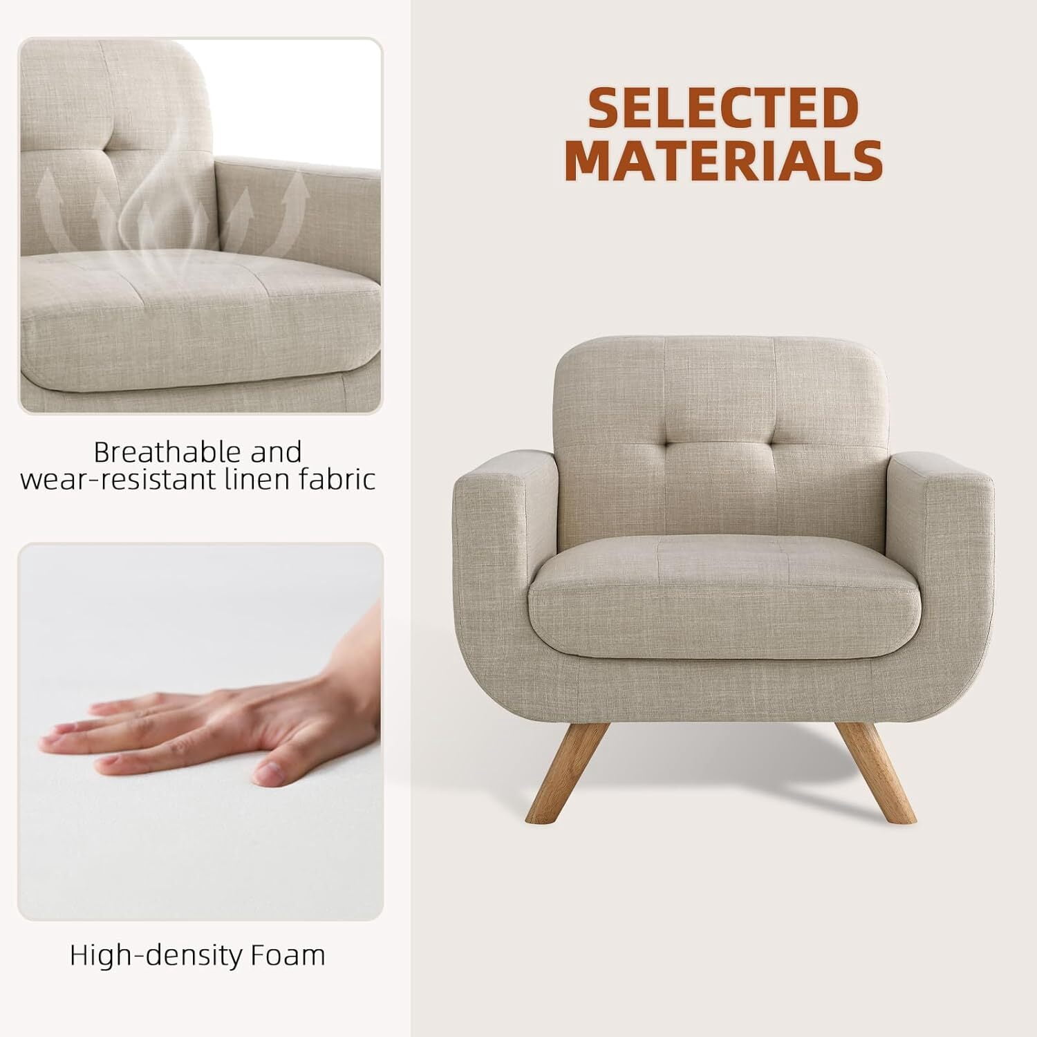 Modern Accent Chair with Linen Fabric, Soft Ergonomic Upholstered Armchair Comfy Single Sofa Lounge Chair for Living Room, Apartment, Office,Beige