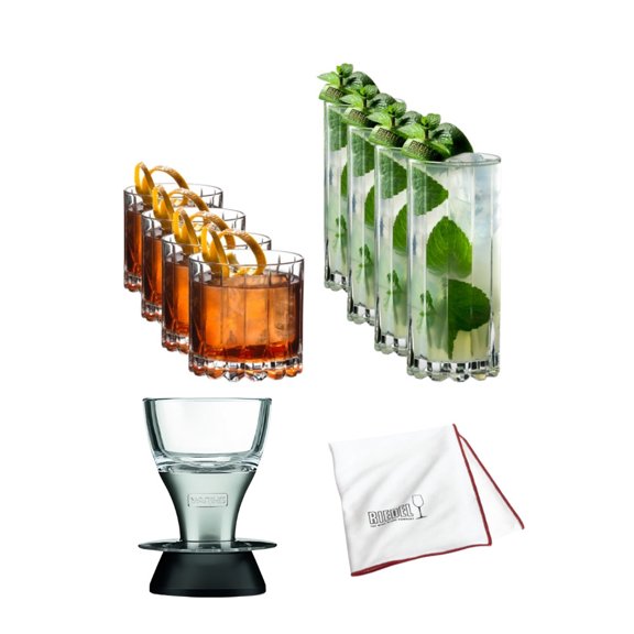 Riedel Drink Specific Glassware Rocks and Highball Set Bundle with Pro Professional Wine Aerator with Brushed Stainless Accents and Riedel Large Microfiber Polishing Cloth (3 Items)