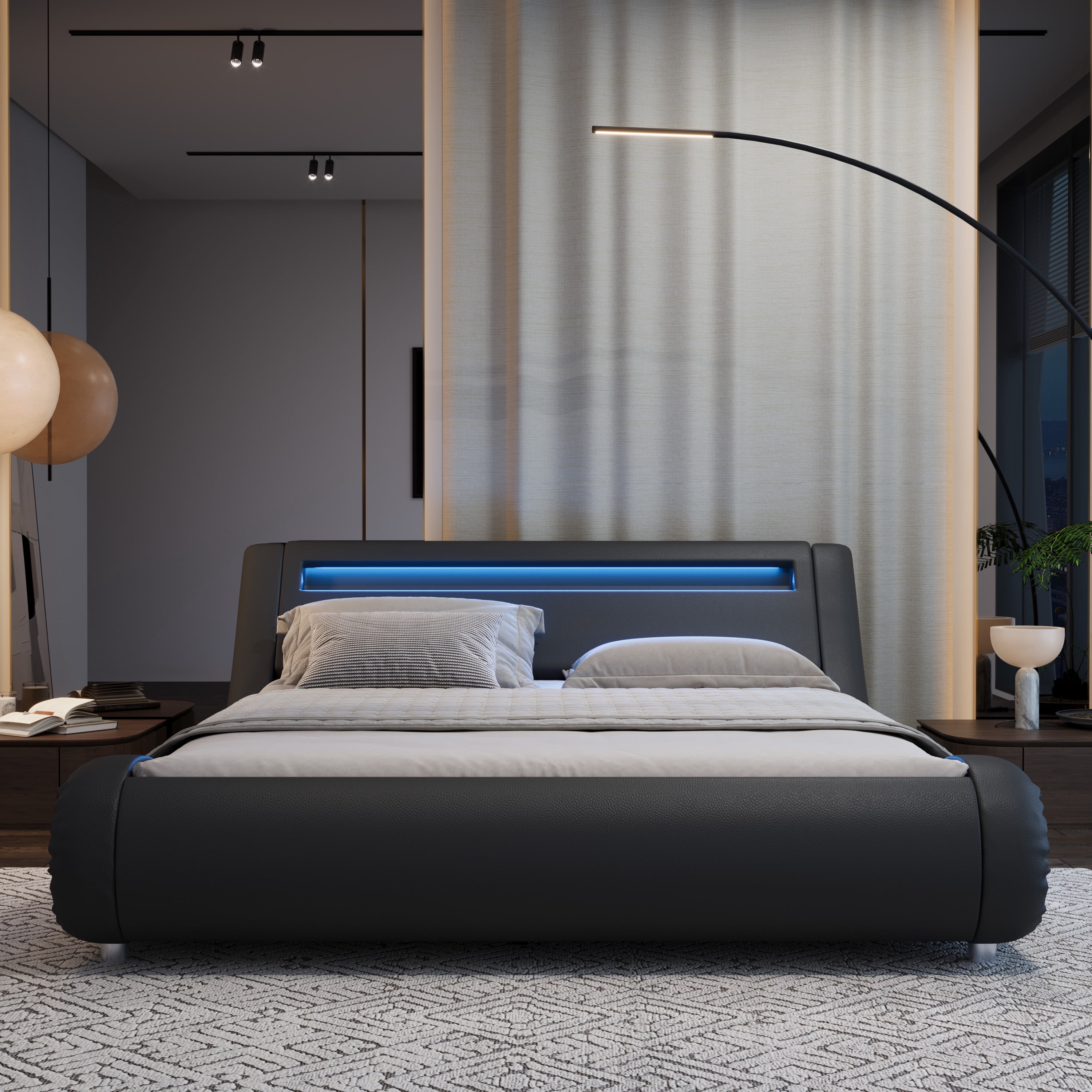 Sifurni Full size Wave-Like Curve Deluxe Upholstered Modern Bed Frame with LED Headboard, Dark Gray