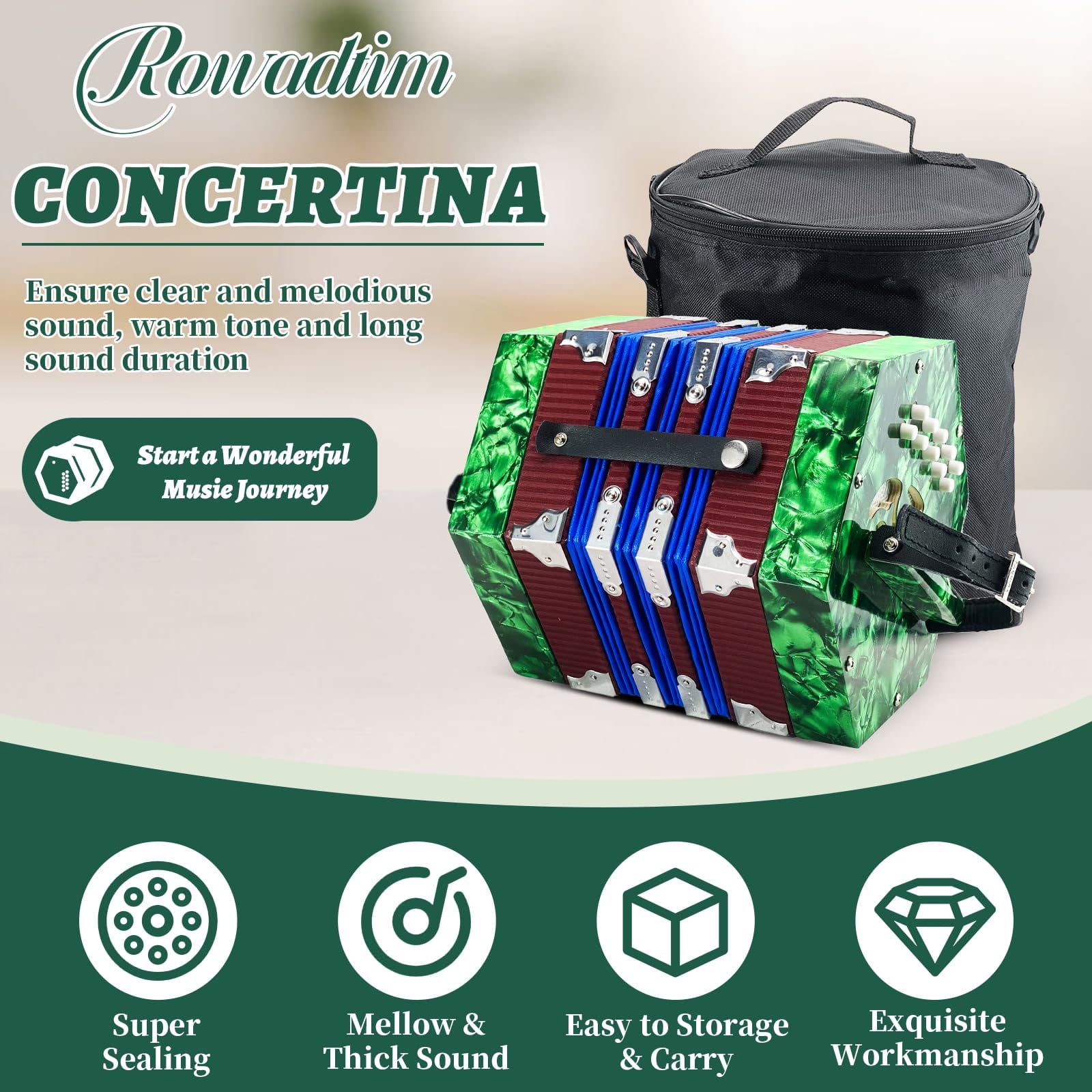 Concertinas,20-Key Accordion for Adults, Professional Accordion for Beginners, Adjustable Hand Straps, Instrument Accessories (Green)