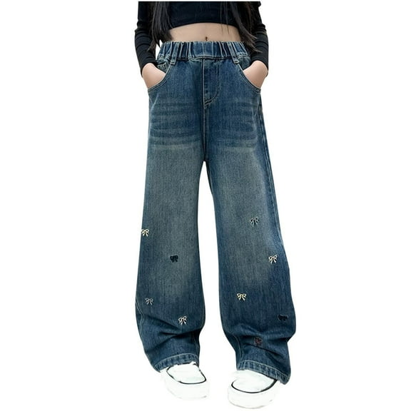 Odeerbi 3-16 Years Kids Girls Wide Leg Jeans Bow Embroidered Denim Pants Loose High Waisted Pants with Pocket