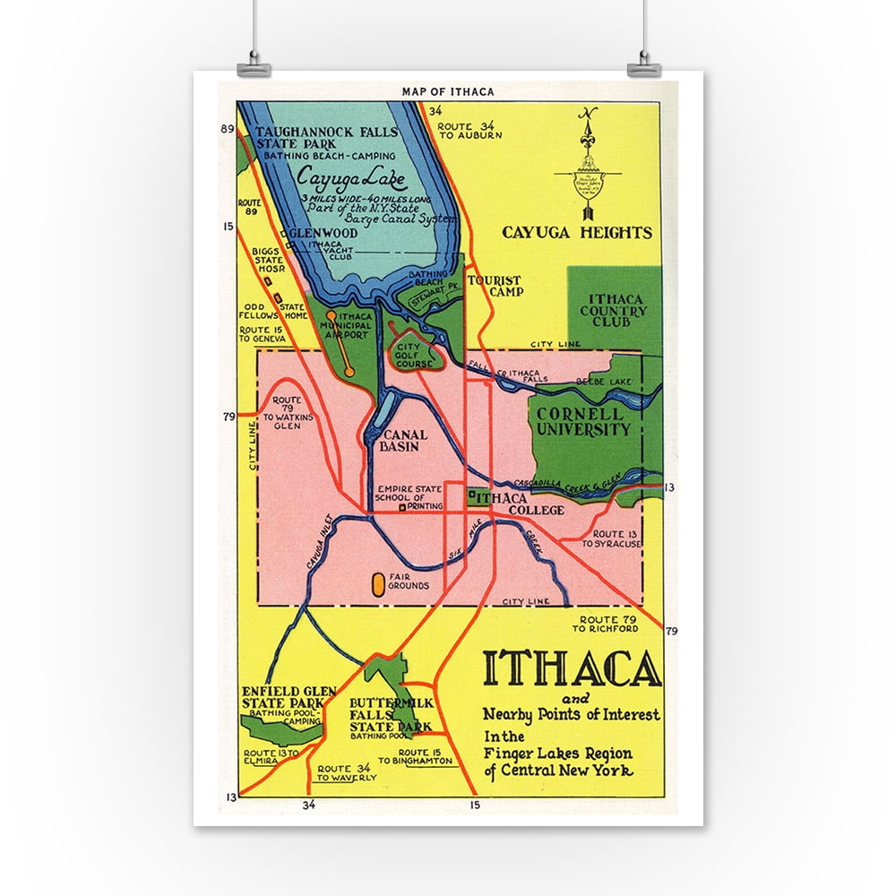 Ithaca, New York Detailed Map Postcard of Ithaca and Nearby Points of