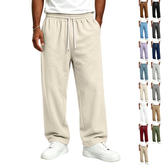 GrmtClth Sweatpants For Men Baggy Wide Leg Barrel Open Bottom Elastic Drawstring Waist Loose Fit Casual Lounge Athletic Straight Pants With Side Pockets Beige L
