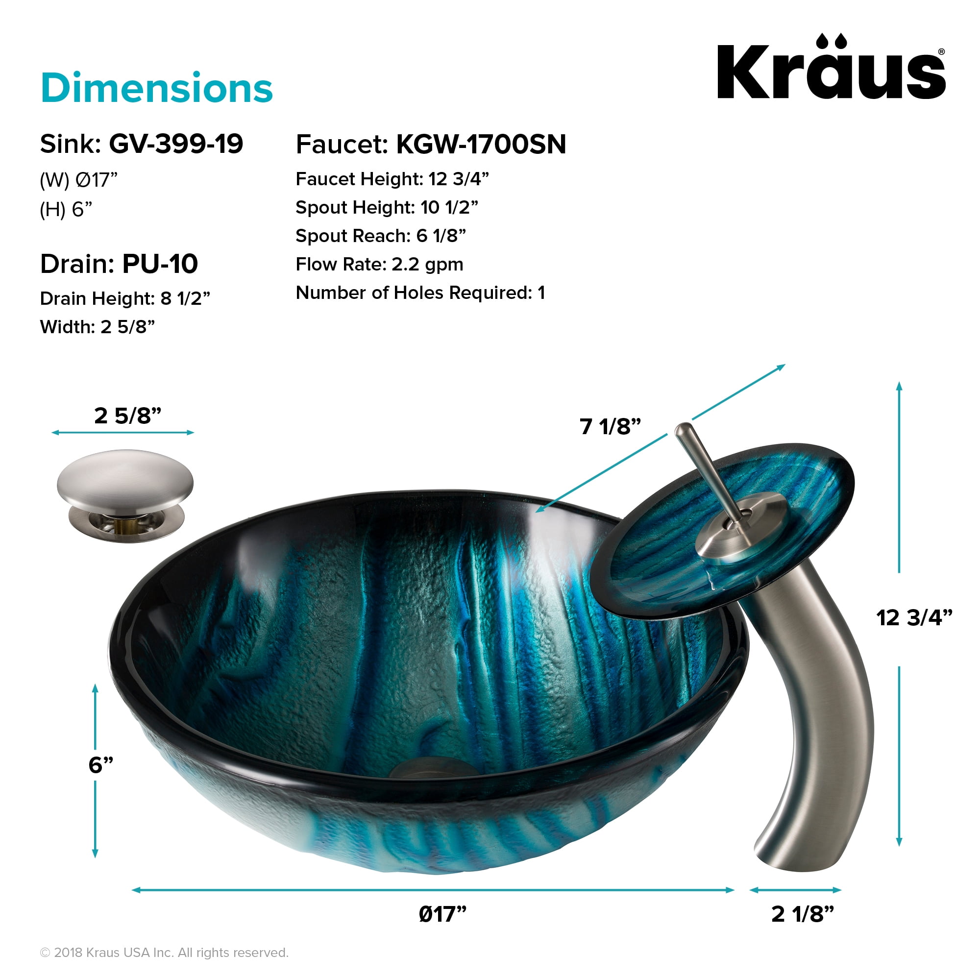 AUS Nature Series Blue Glass Bathroom Vessel Sink and Waterfall Faucet Combo Set with Matching Disk and Pop-Up Drain, Satin Nickel Finish