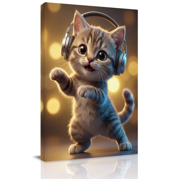 Cat Canvas Wall Art for Living Room, Abstract Headphone Cat Shiny Light Background Wall Decor Framed Artwork Pictures Ready to Hang for Bedroom Office Home Decor