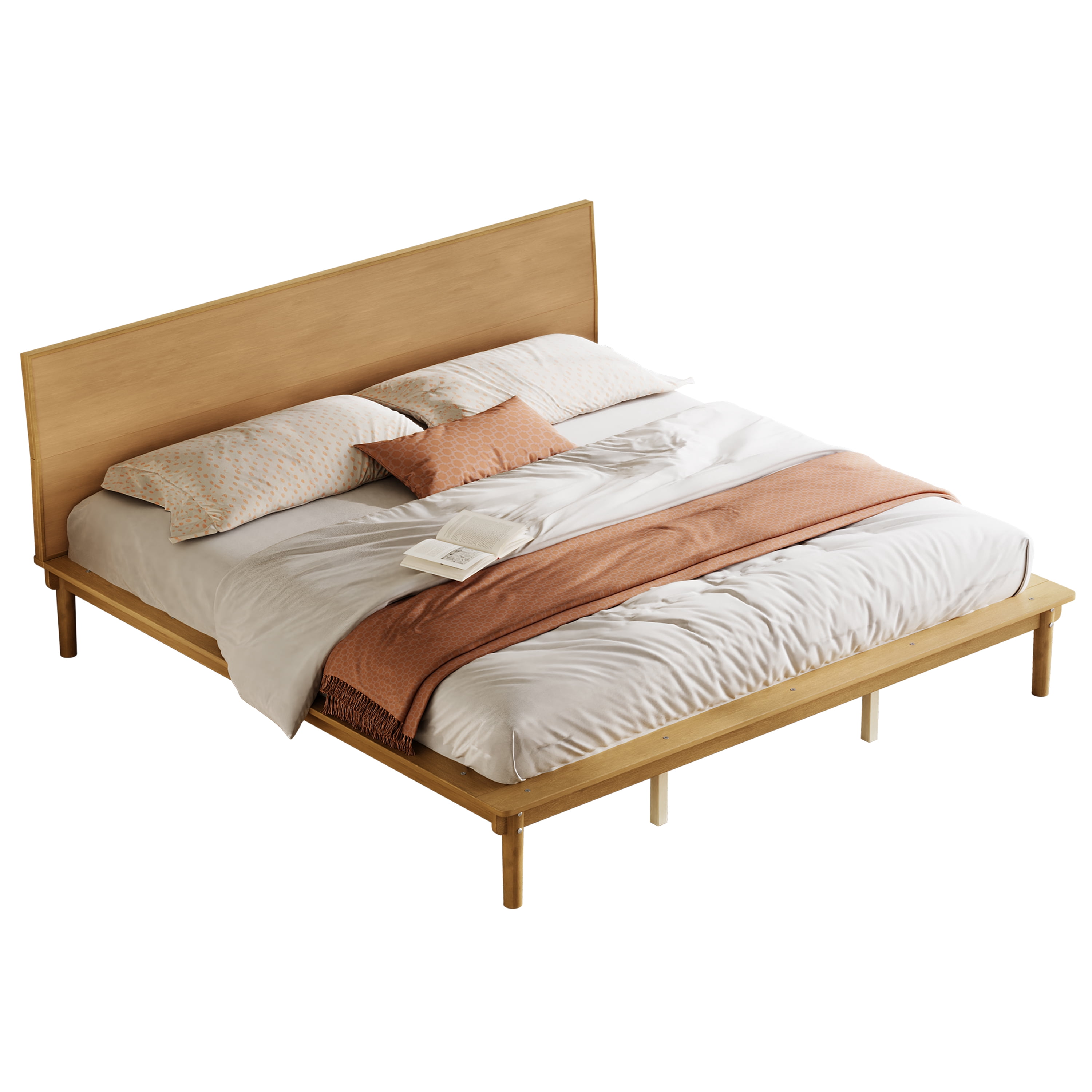Euroco Wood Mid-Century King Bed, Low Profile Platform Bed Frame with Subtly Angled Headboard, Widened Side Rails, No Box Spring Needed, Walnut