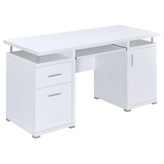 FurniFact Modern White Office Desk 55-Inch, 2 Drawers, Keyboard Tray, File Cabinet
