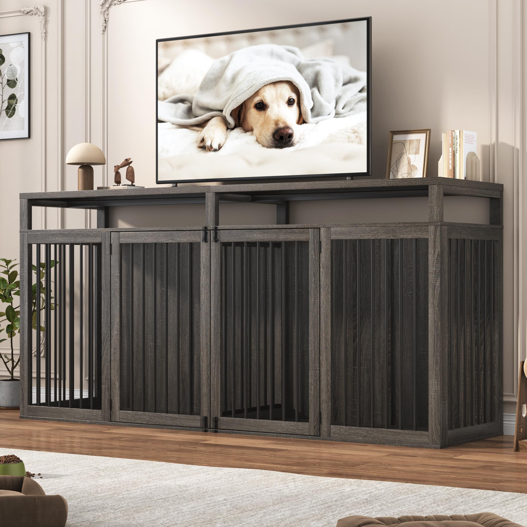 ChVans 87" Large Farmhouse Dog Crate TV Stand, Wooden Dog Crate Furniture with 4 Lockable Doors/Solid Metal Tube, XL-XXL Heavty Duty Dog Crates Furniture for 2 Medium or Large Dogs,Gray