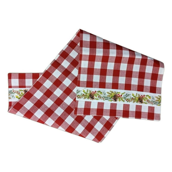 HOLLY VINE Red Check Christmas Table Runner, 13" x 72", by The Country House