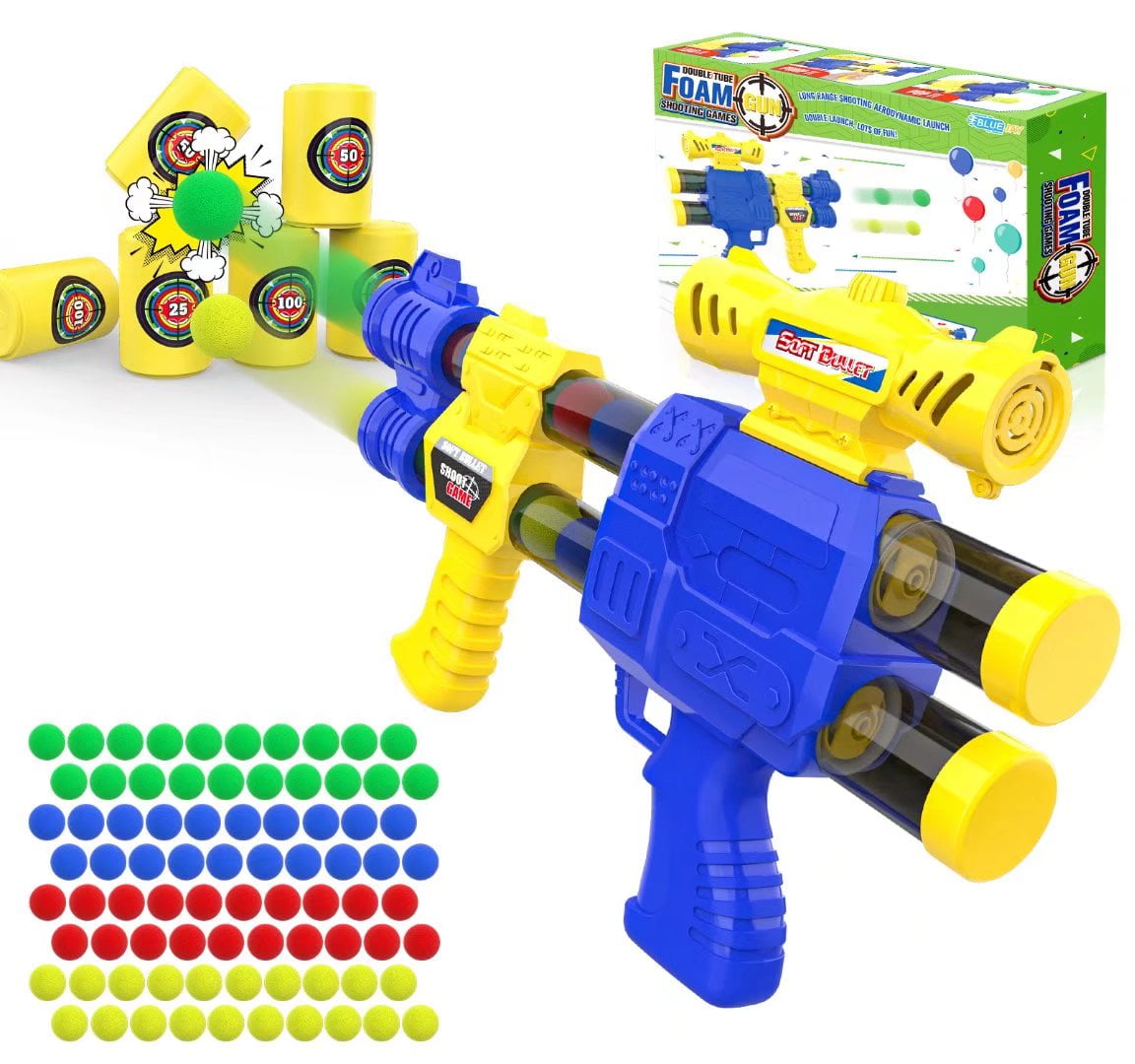 Growsly Childrens Gun Toys with 80 PCs Colorful Soft Foam Ball Xmas Gift for 5-12 Years Old BoyandGirl, Blue and Yellow