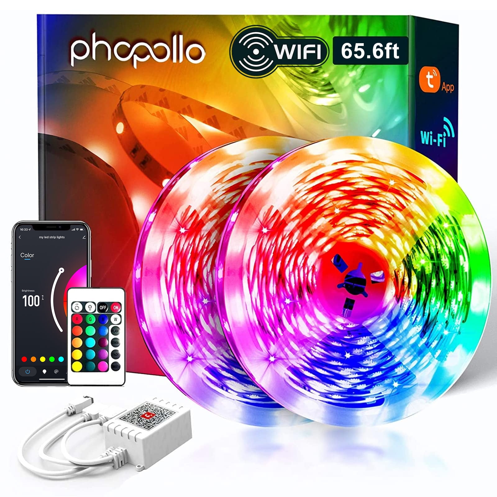 Phopollo Wifi LED Strip Lights 65.6ft for Bedroom, Color Changing Led Lights, Voice Control via Alexa for Kitchen, Living Room, Bar(2 Rolls of 32.8ft)