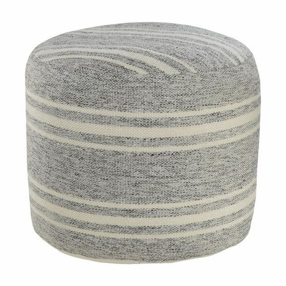 LR Home Small Striped Indoor/Outdoor Round Pouf, Gray/White, 18" x 18" x 14"