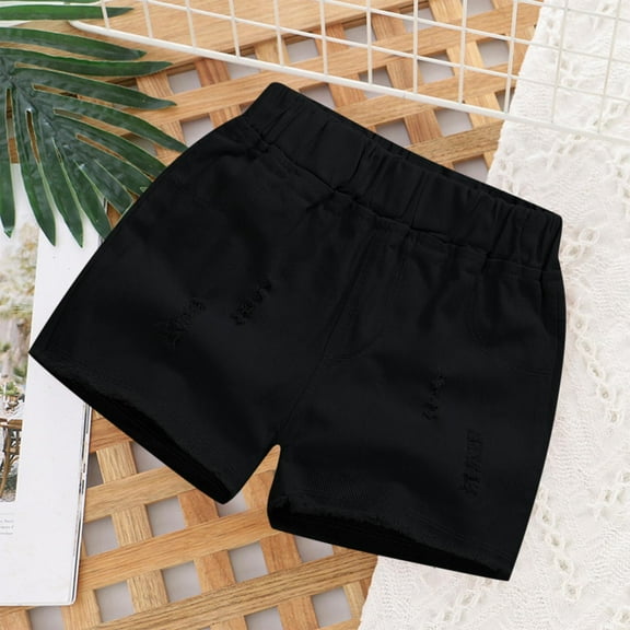 Tdoqot Girls Jean Shorts with Pockets- Fashion Elastic Waist Ripped Denim Shorts Black Size 5 T