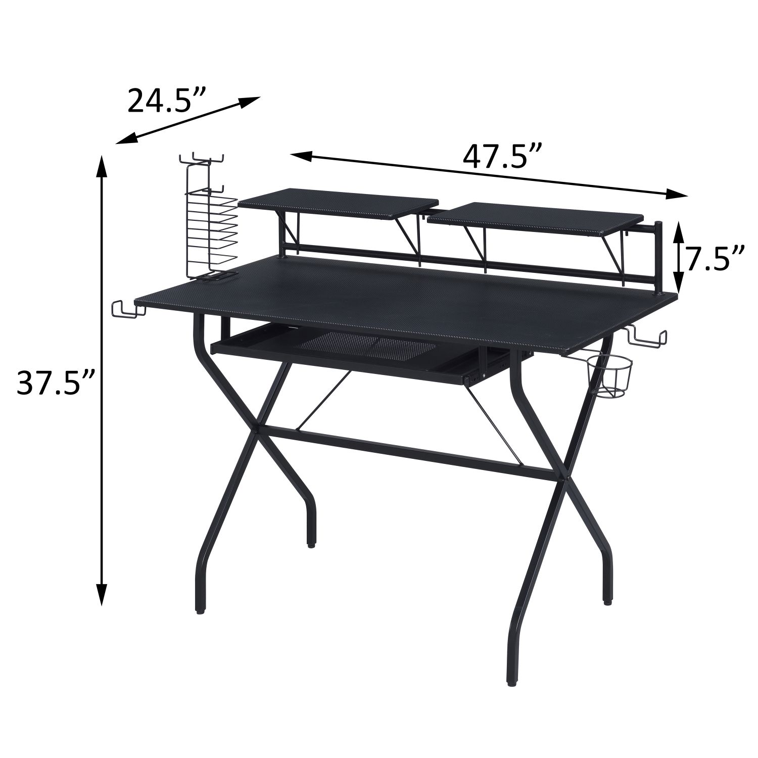 Computer Desk with Keyboard Tray, Wooden Top and Metal Frame, 47.5 in Writing Desk with Shelves, Headset Hooks and Game Rack for Gaming and Office Work