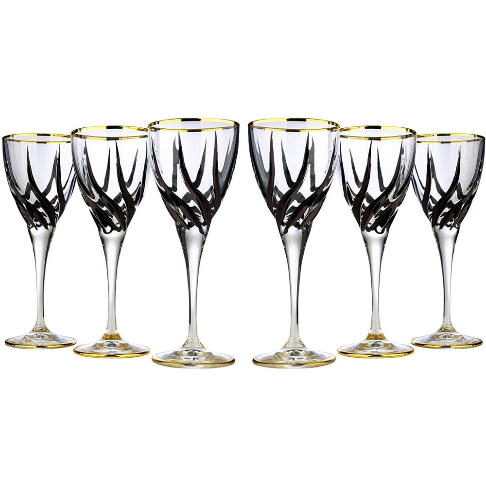 Art Decor A1034, 7 Oz Wine Glasses w/ Black Pattern and Gold Rim, Stemmed Goblets, Set