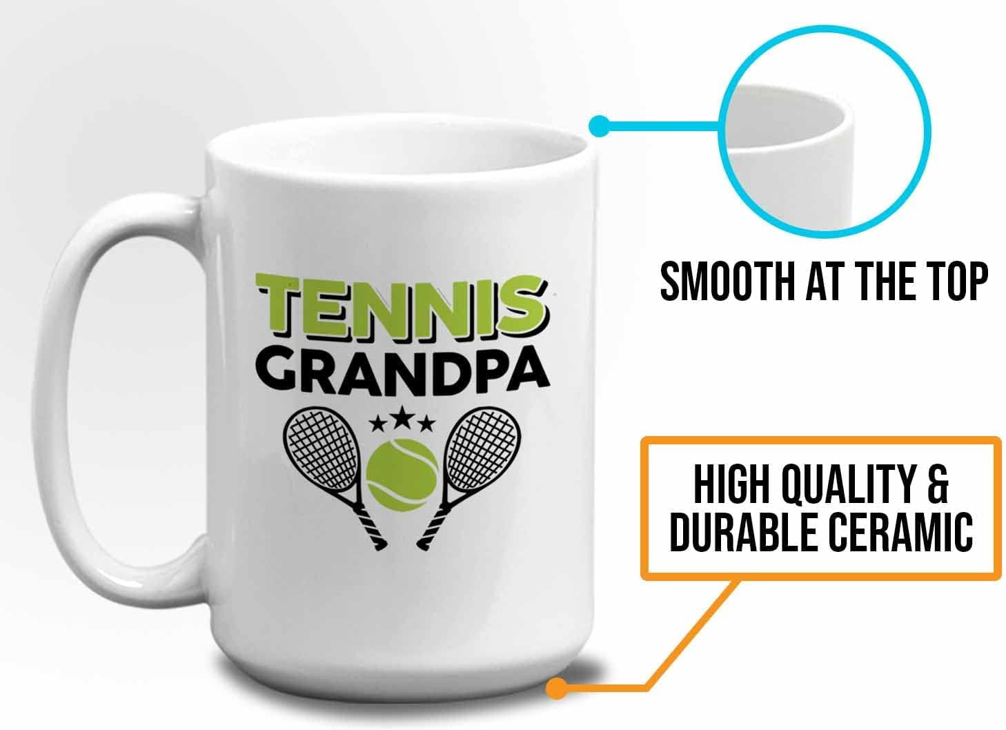 Tennis Player Mug White 15oz - Tennis Grandpa - Court Pro Tennis Racket Ball Winning Double Strategy Trainer Equipment