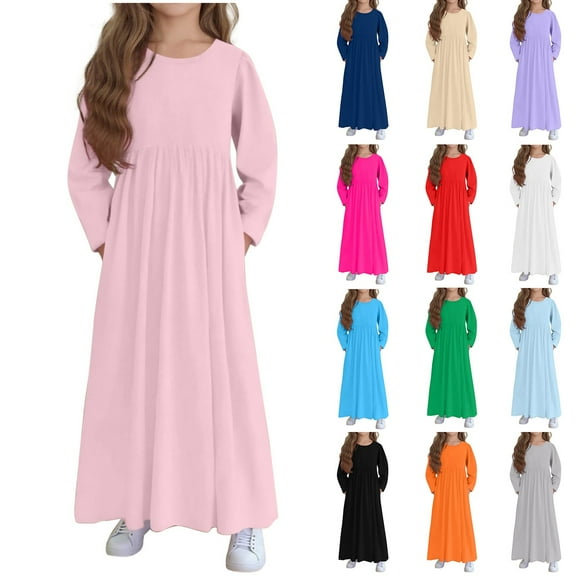 Fengqque Girls Fall Ruffle Long Sleeve Crew Neck Loose Casual Maxi Dress with Pockets for 4-14 Years Old White 13 Years