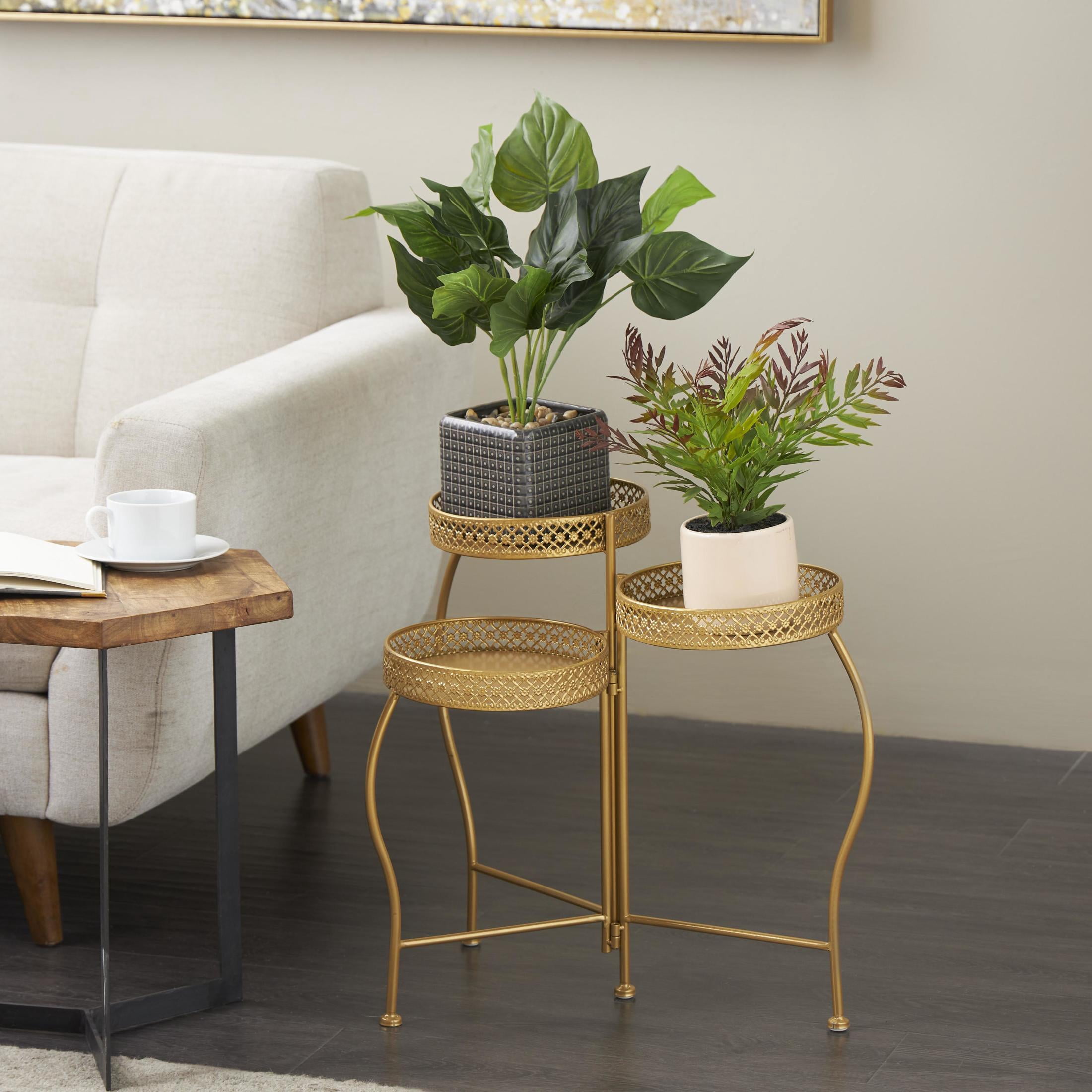 DecMode 17" x 17" x 20" 3 Tier Gold Metal Curved Folding Plantstand with Floral and Scroll Patterns