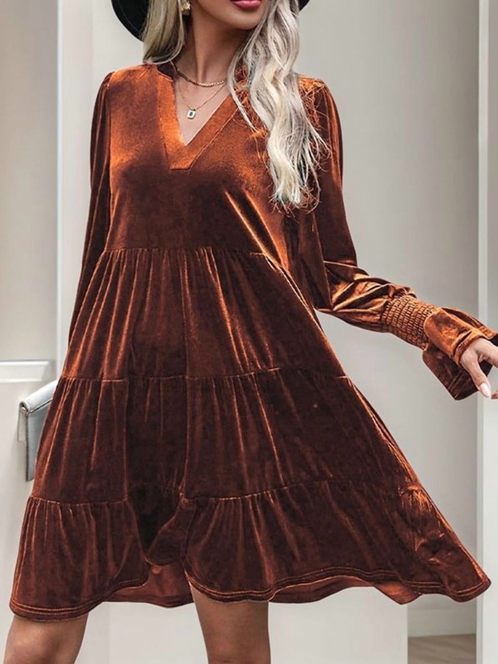 Women'S Elegant Velvet Long Sleeve Dress Casual Fall V Neck A Line Babydoll Flowy Formal Wedding Party Mini Dress Burn Orange M
