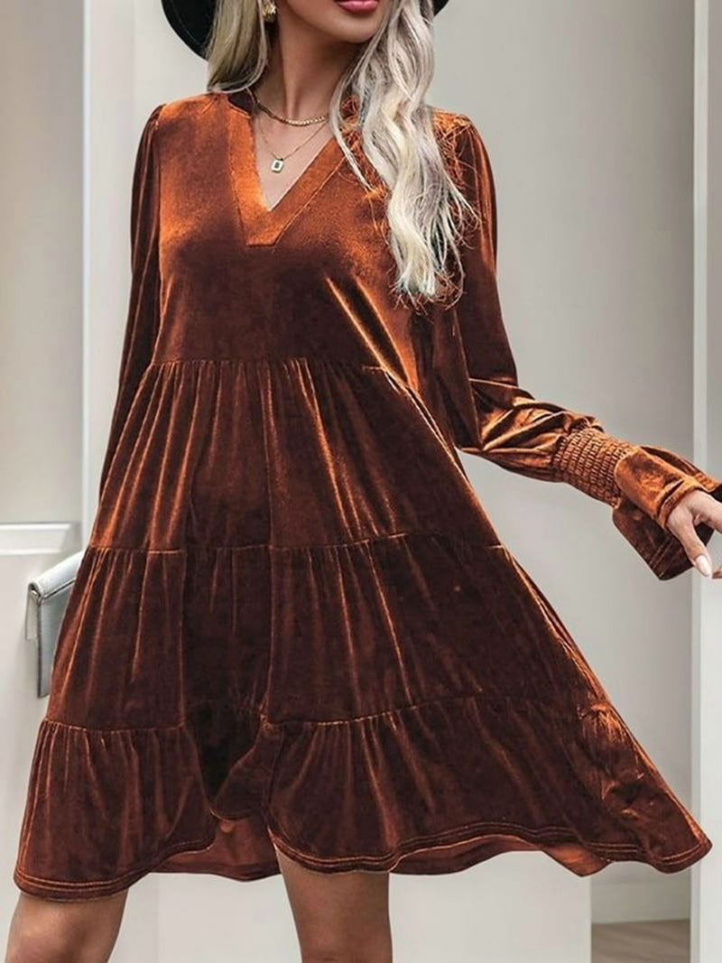 Women'S Elegant Velvet Long Sleeve Dress Casual Fall V Neck A Line Babydoll  Flowy Formal Wedding Party Mini Dress Burn Orange S - Walmart.com
