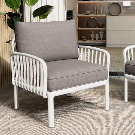 Orion Modern Outdoor Patio Club Chair with Cushions, White+Light Gray