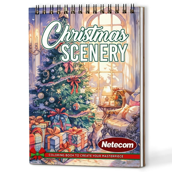 Netecom Christmas Scenery Coloring Book Spiral Bound for Adults, A5 Wooden Cover, 30 Serene Coloring Pages of Tranquil Winter Day Scenes, for Stress Relief and Relaxation