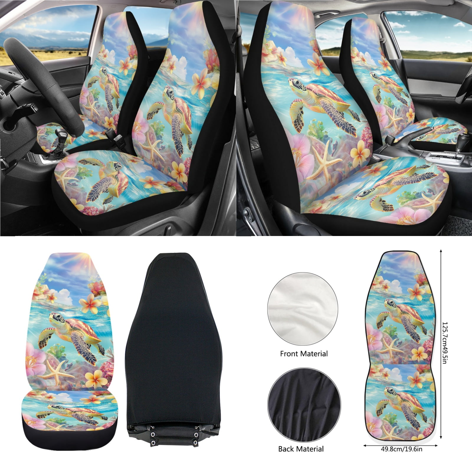 Renewold Sea Turtle Plumeria Starfish Car Front Seat Covers Set 12 Pack, with Steering Wheel Rear View Mirror Cover Seat Belt Pads Armrest Prorector Trash Bin Sunglass Pocket Coasters Key Chain