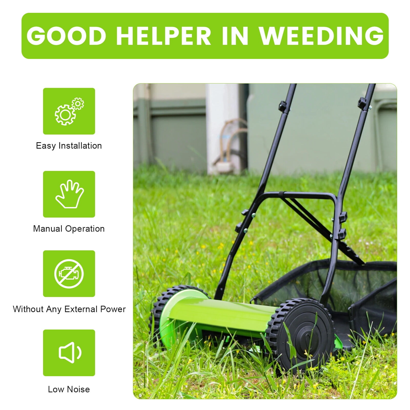 12-Inch Manual Reel Lawn Mower, 5-Blade Push Lawn Mower with 6-Gal Grass Catcher, Adjustable Cutting Height, Quiet Motorless Walk-Behind Grass Cutter for Small Yard, Garden, Lawn & Sidewalk