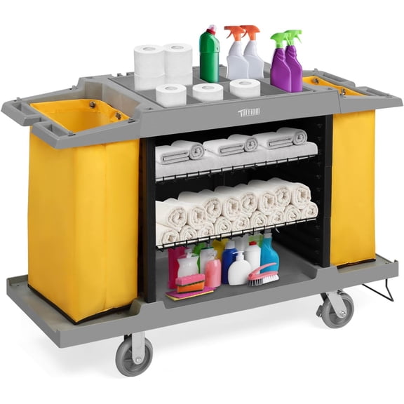 TUFFIOM Industrial Multifunctional Hotel Cart,Commercial Traditional Cleaning Janitorial Room Service Housekeeping Cart, 39" H x 58" W x 21" D