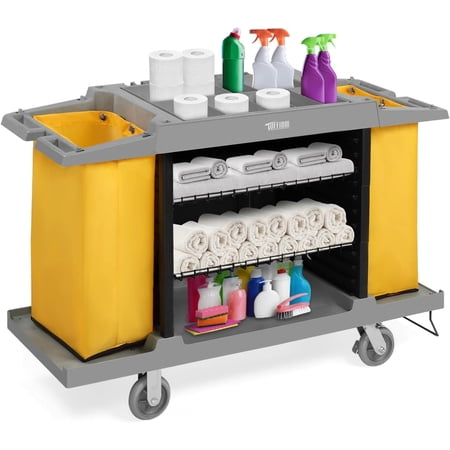 TUFFIOM Industrial Multifunctional Hotel Cart,Commercial Traditional Cleaning Janitorial Room Service Housekeeping Cart, 39" H x 58" W x 21" D
