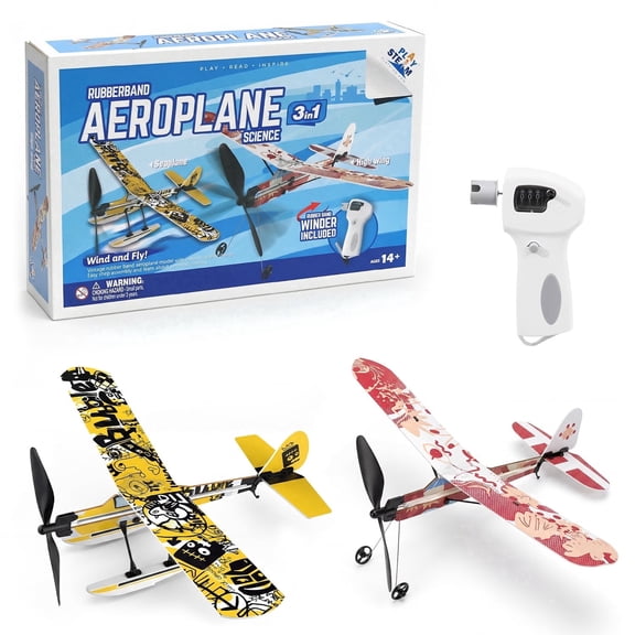 PLAYSTEAM 3-in-1 Rubber Band Airplane Building Kit with Motorized Launcher, Educational Flying STEM Toy for Kids and Teens Ages 14 