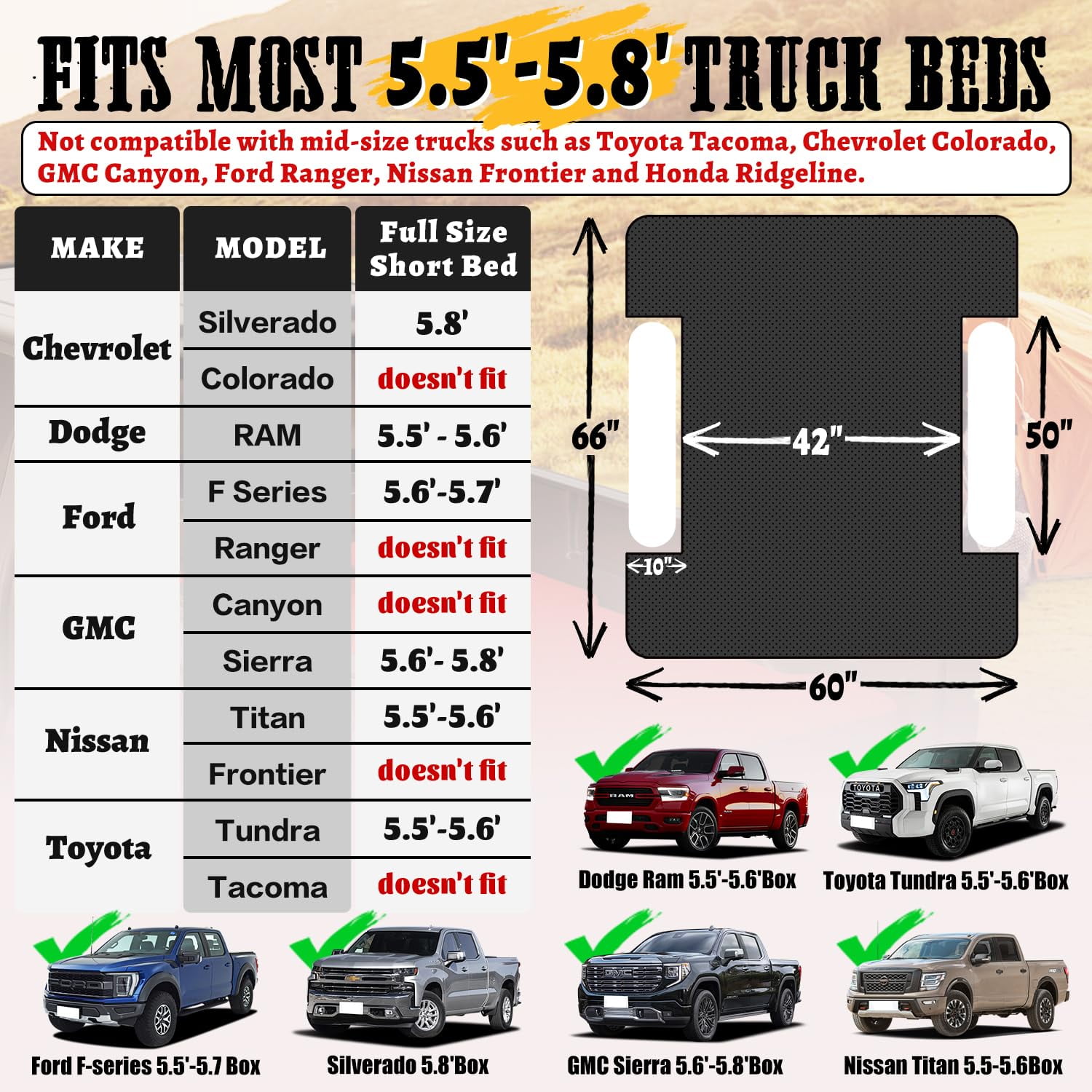 Truck Bed Air Mattress for 5.5'-5.8' Full Size Short Truck Bed Inflatable Camping Mattress with Pump & Carry Bag, Black