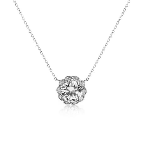 24 Vintage Silver Plated - Inspired by You Round Prong Set Cubic Zirconia Antique Style Halo Bridal Pendant on Adjustable Station Necklace for Women in Rhodium Plated 925 Sterling Silver