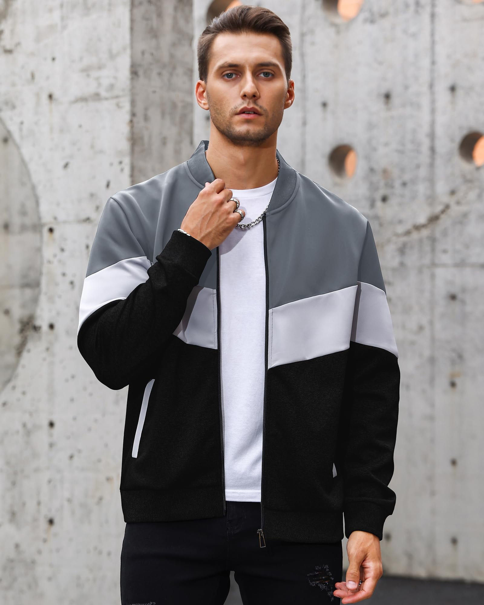 Fexilor Mens Lightweight Jacket Casual Bomber Jacket Color Block Varsity Coat