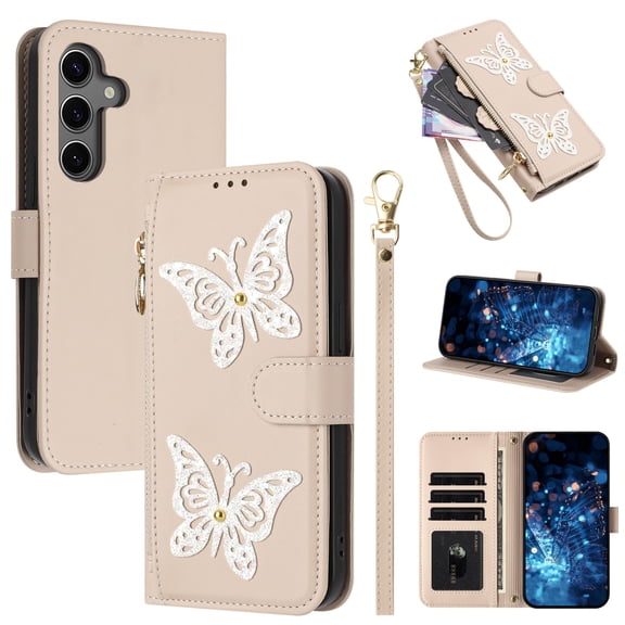 for Samsung Galaxy S25 FE Wallet Case, PU Leather TPU Protective Cover with Butterfly Design Zipper Pocket Card Slots Kickstand Shoulder Strap Wrist Strap Magnetic Clasp, Apricot