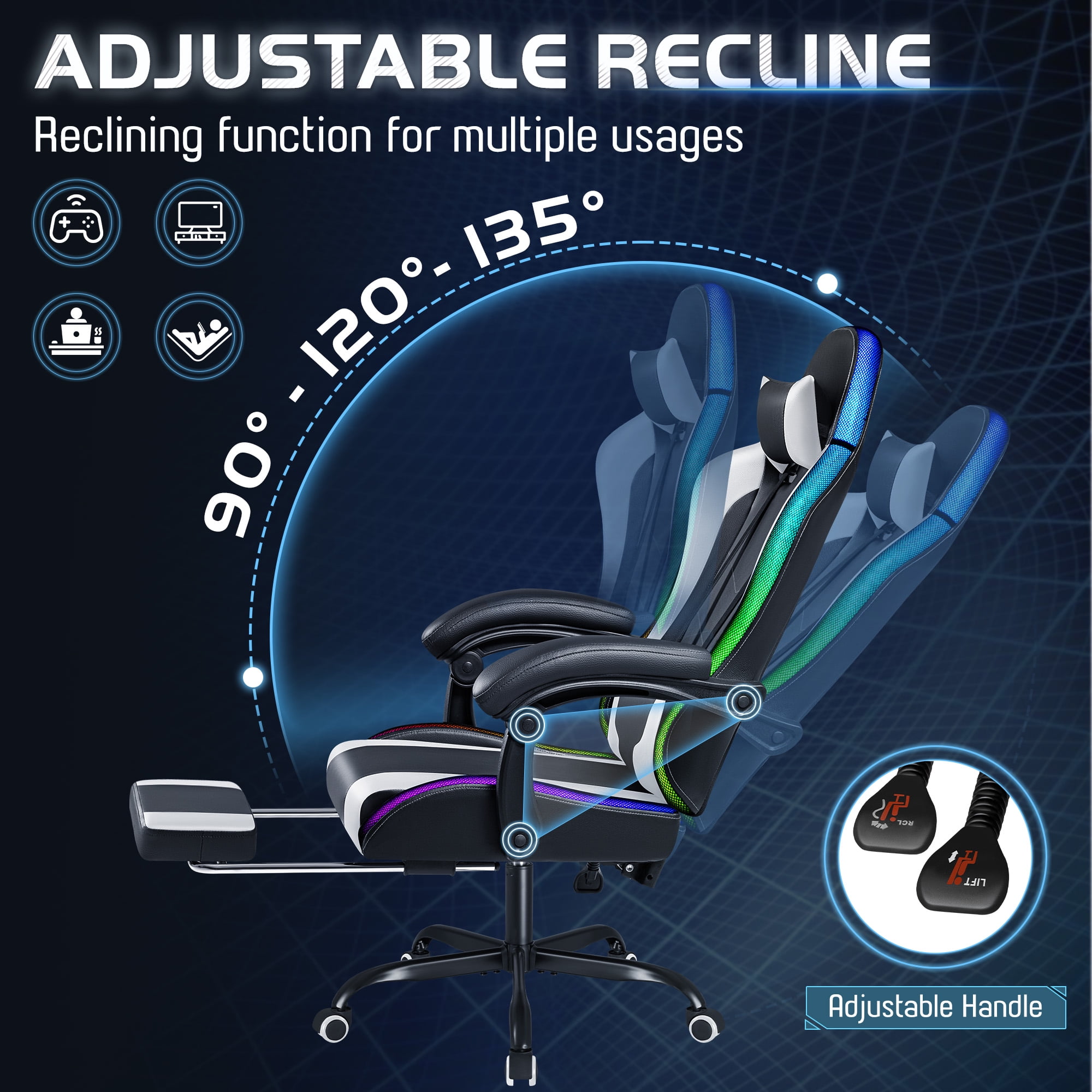 Homall RGB Gaming Chair with APP & Remote Control, LED Lights Ergonomic Computer Chair with Footrest & Massage Lumbar Support, White