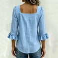 thumbnail image 4 of Mifsaly Womens Square Neck Blouses Front Bow 3/4 Ruffle Bell Sleeve Tops Lightweight Textured Loose Fit Dressy Casual Work Linen Blouse Light Blue,M, 4 of 5