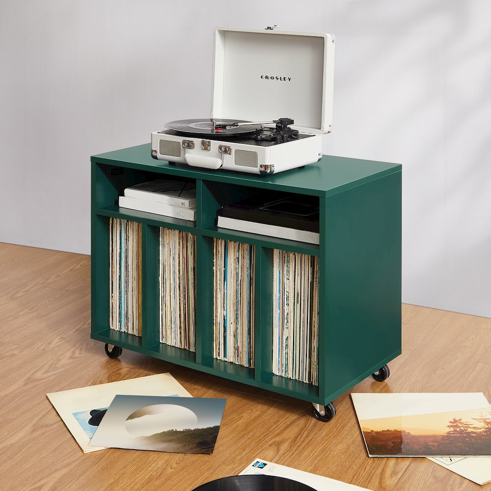 Crosley Furniture Carlo Rolling Record Player Stand With Vinyl Storage Dark Teal