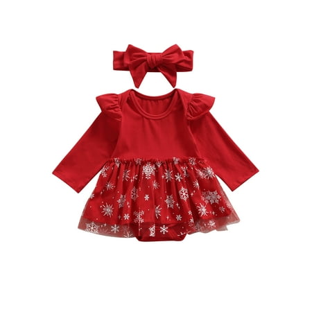 

Qiylii Baby Girl Christmas Dress Snowflake Hem Splicing Long-Sleeve Romper+Hairband